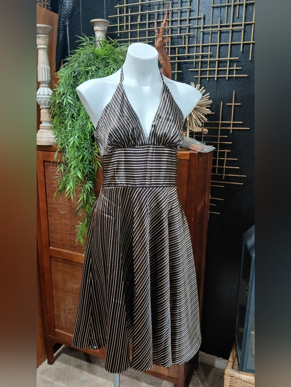 Alyn Paige Brown and White Striped Backless Halter Dress